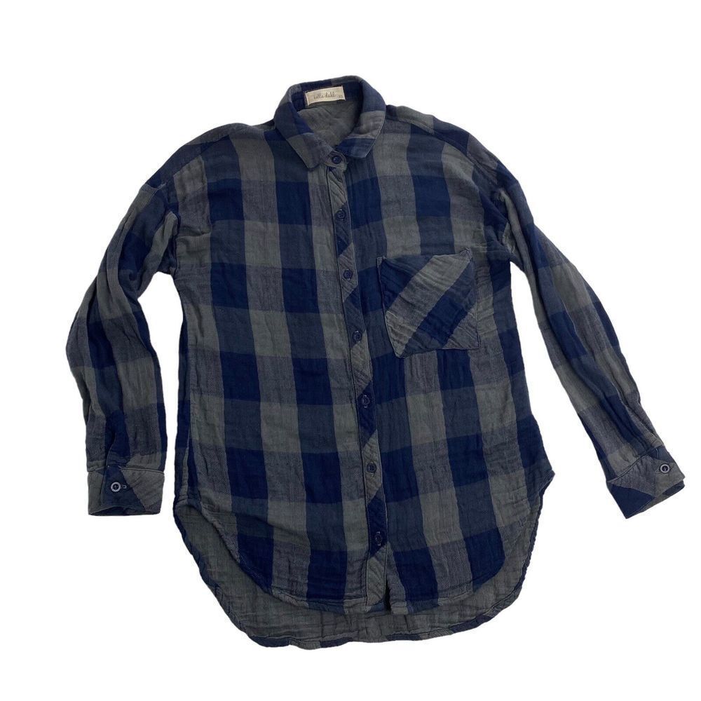 Bella Dahl Long Sleeve Flannel Button Down Blue Gray Plaid size XS Double Layer